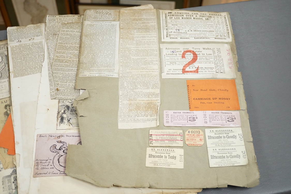 A collection of 19th century railway and shipping luggage labels, tickets, newspaper cuttings, etc. including; Clifton Suspension Bridge tickets, Exeter Tramways, Lyndon and Lynmouth Cliff Railway, the S.S. Alexandria ex